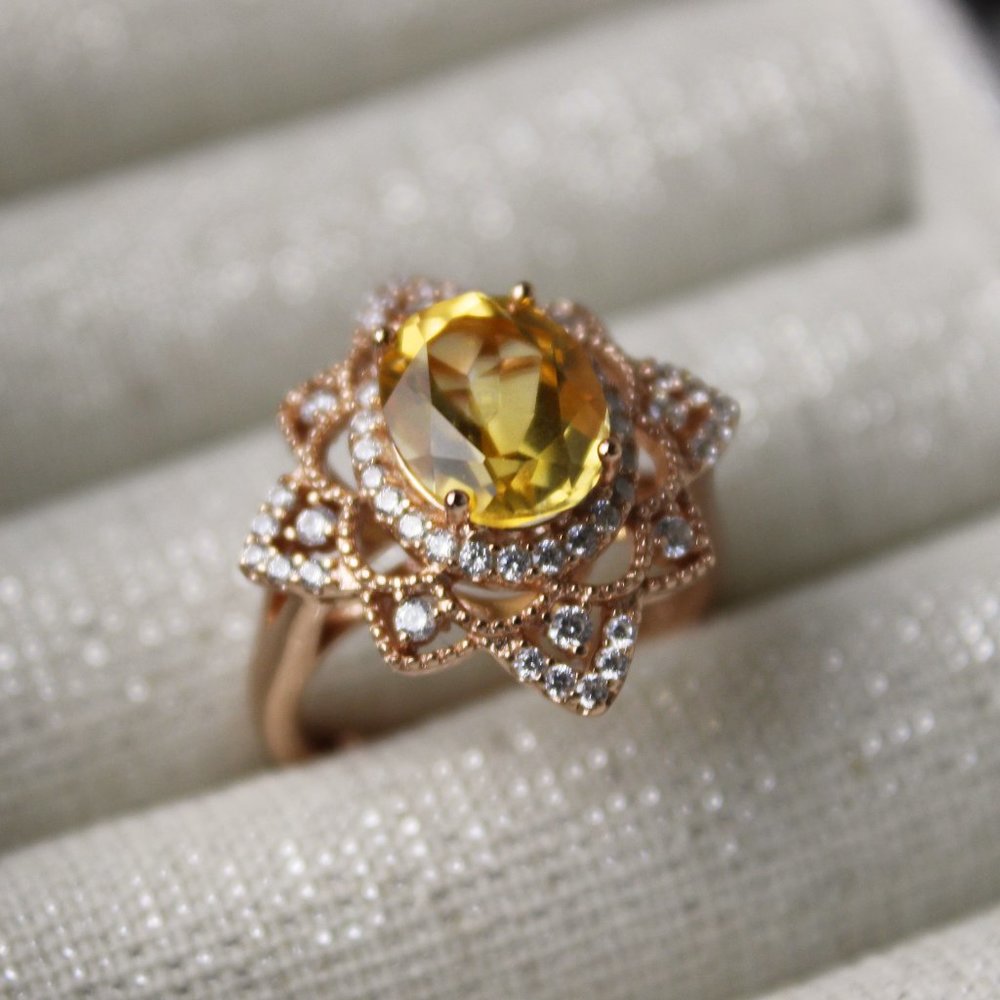 Fancy Vintage Victorian Large Citrine Ring Silver